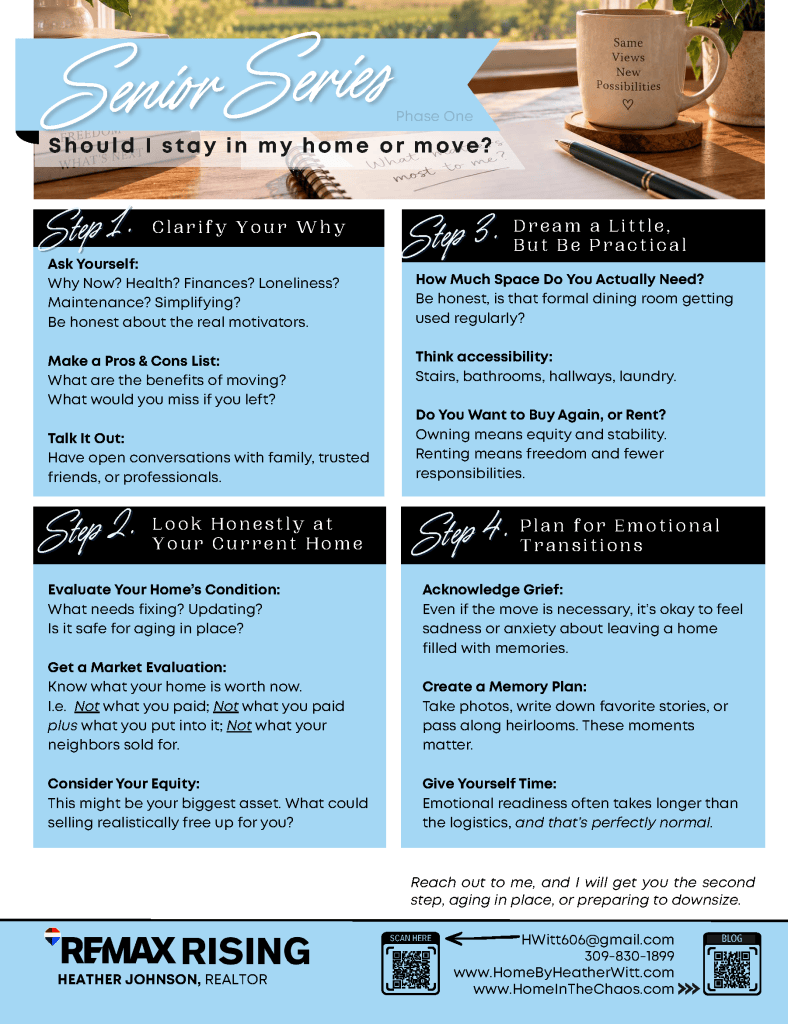 Moving Forward Phase One planning guide outlining four steps to help seniors evaluate their home, clarify priorities, consider future needs, and prepare emotionally for staying or moving.