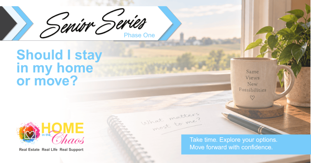 A warm, sunlit desk overlooking the Midwest countryside features a coffee mug, notebook, pen, and books. The image introduces Phase One of the Senior Series with the question, “Should I stay in my home or move?” and encourages readers to explore their options and plan for the future with confidence.